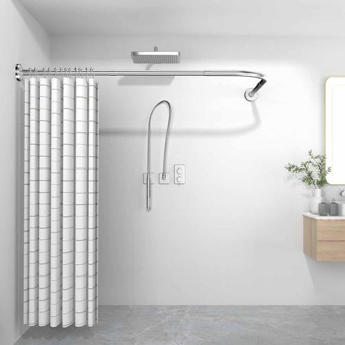 L Forme Acier Inoxydable Tringle À Rideau De Douche Sans Percage Ou Percage, Barre De Douche Angle Droit En L, 92-122x92-122cm Tringles De Rideau De Douche Avec Anneaux De Rideau De Douche