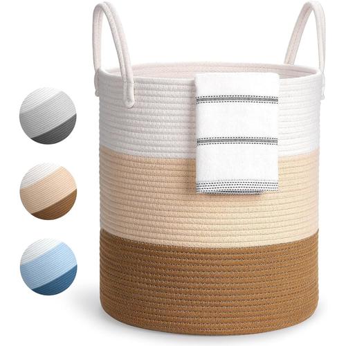 Blanc Cassé+jaune Clair Grand Panier à Linge, Panier à Linge Pliable, Panier de Rangement avec Poignée, Corbeille a Linge en Corde de Coton pour Salle de Bain, Salon, Chambre à Coucher,Kaki