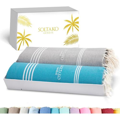 Aqua-Gris Patel Fouta Peshtemal - Set De 2 Fouta Xxl - Serviette Plage Anti Sable - Drap De Bain Pour Hammam, Sauna, Yoga, Pique-Nique - Serviette Grande Taille - Fouta Plage 100x200 Cm - Drap 2