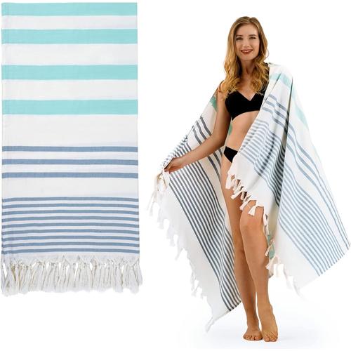 Bleu Serviette De Plage Doux-Drap De Plage Légère, Peu Encombrante, Serviette Plage Turque Serviette Absorbante, Séchage Rapide, Sans Sable, Tissu De Hammam Sauna Femme Homme (1 Pack,180x100cm)