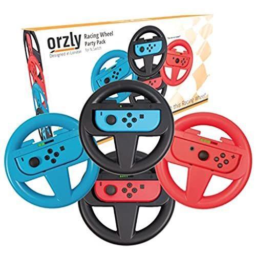 Orzly Nintendo Switch Steering Wheels - Wheel Attachment Accessory Pack For Nintendo Switch Joy-Cons (1x Blue & 1x Red & 2x Black Steering Wheels For Nintendo Switch)