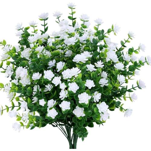 Blanc Artificielle Faux Fleurs, 4pack Artificielles Uv Résistant Verdure Arbustes Plantes Intérieur Extérieur Suspendus Planteur Accueil Jardin Décor (White)