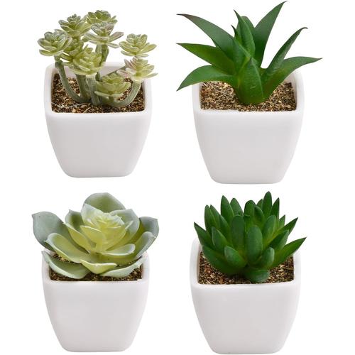 Plantes Succulentes Artificielles Interieur, Petite Plante Verte Artificielle Decoration Exterieur en Pot, Mini Fausses Plantes, Végétaux Artificiels, Plante Grasse Decorative Interieur 4PCS