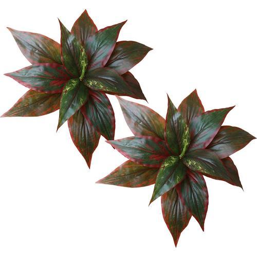 Vert/Rouge. Lot De 2 Plantes De Verdure Artificielles Pour Intérieur Et Extérieur, Fausses Grandes Feuilles En Plastique, Résistantes Aux Uv, Faux Arbustes Pour Pots, Mur, Porche, Pot De Fleurs