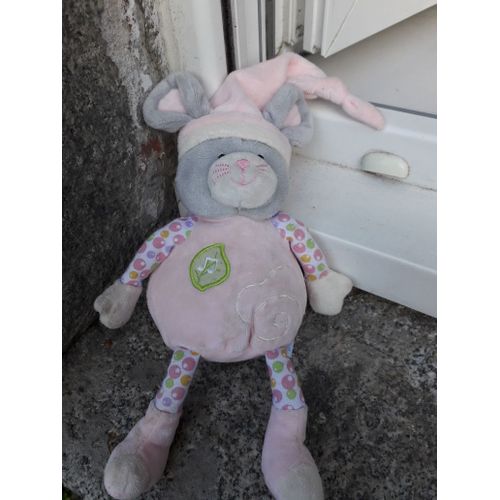 Doudou Chat Rose De 33 Cm De Couleur Rose Bras Et Pattes A Poits Rose Vert Jaune Feuille Verte Sur Lz Vendre