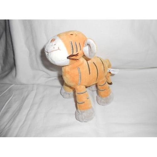 Doudou Peluche Tigre Jaune Orange Rayures Grises Brodées H 18 Cm Nicotoy Bruit De Froissement Dans Les Pattes Jungle