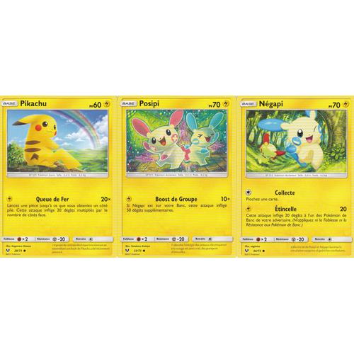 3 Cartes Pokemon - Pikachu 28/73 + Posipi 33/73 + Négapi 34/73 - Soleil Et Lune 3,5 Légendes Brillantes