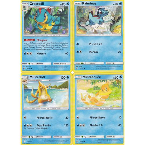 4 Cartes Pokemon - Crocrodil 19/73 + Kaiminus 18/73 + Mustéflott 23/73 + Mustébouée 22/73 - Soleil Et Lune 3,5 Légendes Brillantes