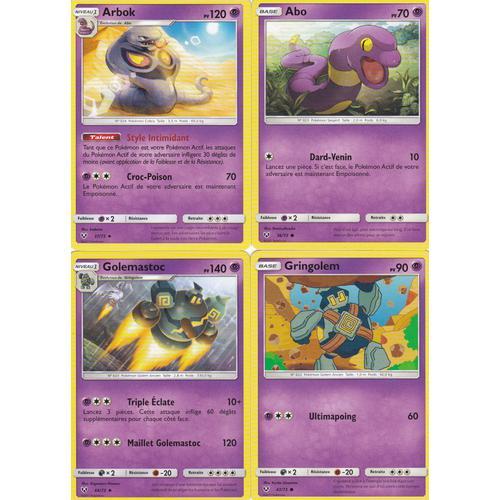 4 Cartes Pokemon - Arbok 37/73 + Abo 36/73 + Golemastoc 44/73 + Gringolem 43/73 - Soleil Et Lune 3,5 Légendes Brillantes