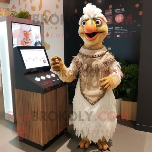 Personnage De Costume De Mascotte Redbrokoly De Poulet Tandoori Beige Habillé D'une Robe Longue Et De Montres Numériques