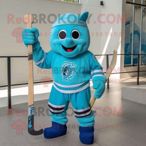 Personnage De Costume De Mascotte Redbrokoly De Bâton De Hockey Sur Glace Turquoise Habillé D'un Maillot De Bain Et De Gants