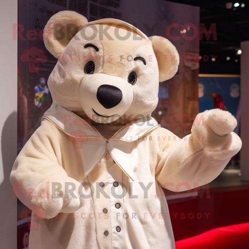 Personnage De Costume De Mascotte Redbrokoly De Nounours Crème Habillé D'un Sweat À Capuche Et De N?uds Papillon