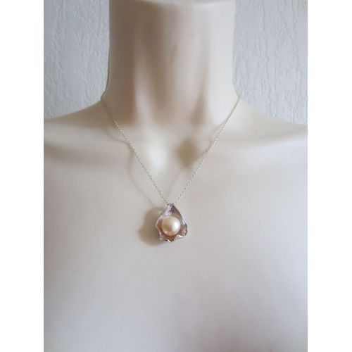 Collier Plaqué Argent Avec Perle DEau Douce Pêche