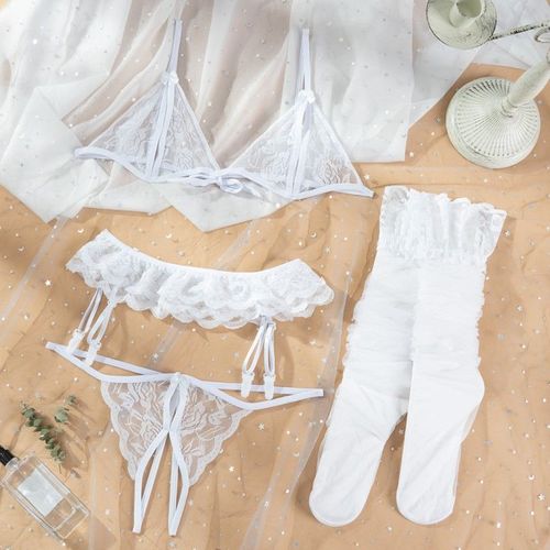 Ensemble De Lingerie Sexy En Dentelle Avec Bas Pour Femmes, Sous-Vêtements Intimes, Soutien-Gorge, Culotte, String, Porte-Jarretelles, Lingerie Sexuelle, Érotique