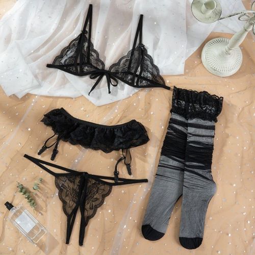 Ensemble De Lingerie Sexy En Dentelle Avec Bas Pour Femmes, Sous-Vêtements Intimes, Soutien-Gorge, Culotte, String, Porte-Jarretelles, Lingerie Sexuelle, Érotique