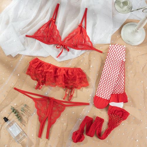 Ensemble De Lingerie Sexy En Dentelle Avec Bas Pour Femmes, Sous-Vêtements Intimes, Soutien-Gorge, Culotte, String, Porte-Jarretelles, Lingerie Sexuelle, Érotique