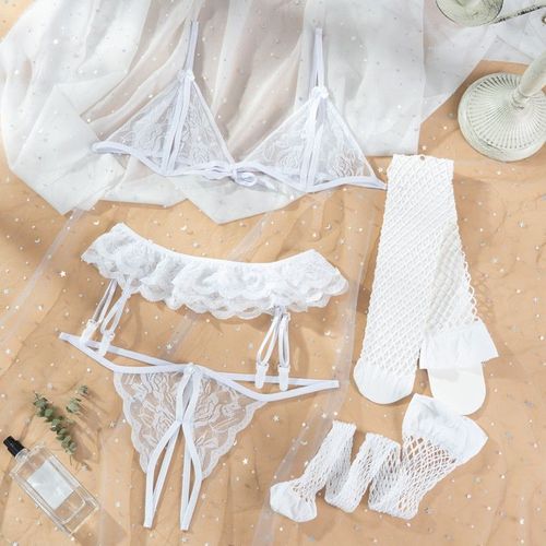 Ensemble De Lingerie Sexy En Dentelle Avec Bas Pour Femmes, Sous-Vêtements Intimes, Soutien-Gorge, Culotte, String, Porte-Jarretelles, Lingerie Sexuelle, Érotique