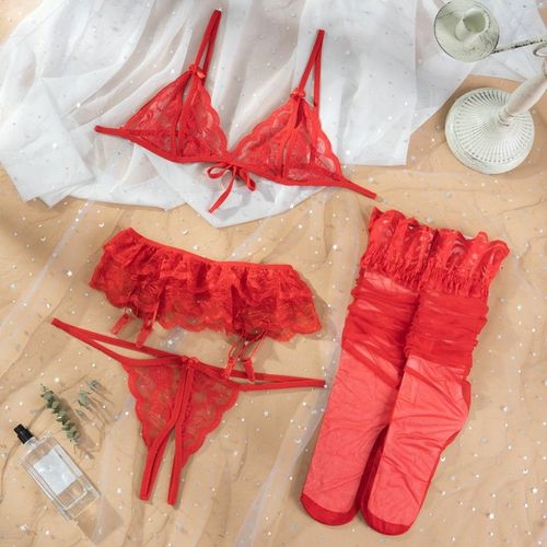 Ensemble De Lingerie Sexy En Dentelle Avec Bas Pour Femmes, Sous-Vêtements Intimes, Soutien-Gorge, Culotte, String, Porte-Jarretelles, Lingerie Sexuelle, Érotique