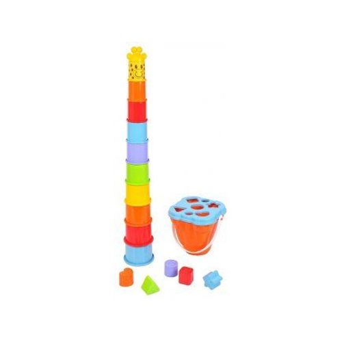 Coffret Jeux D'eveil Girafe Bebe : 10 Gobelets Gigognes + 5 Formes + Seau Trieur - Jouet A Trier Et A Empiler - Premier Age