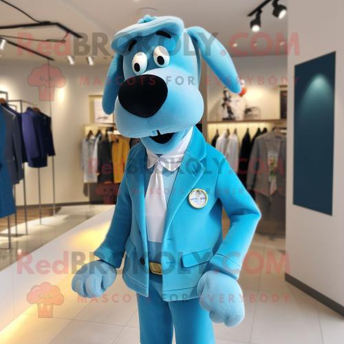 Mascotte Redbrokoly De Personnage De Chien Cyan Habillé D'un Blazer Et De Boucles D'oreilles