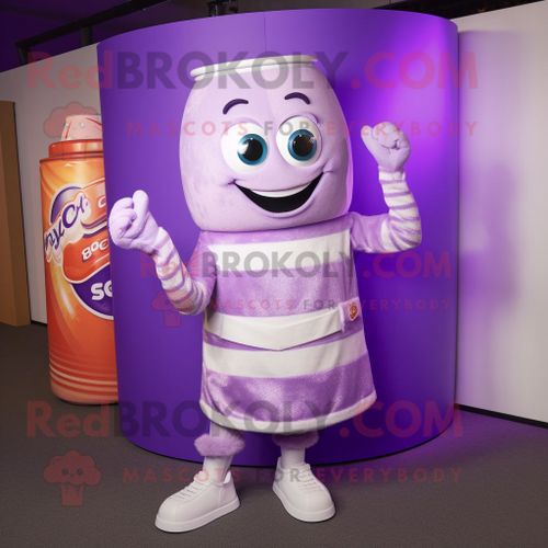 Personnage De Costume De Mascotte Redbrokoly Lavender Soda Can Habillé Avec Un Pull Et Des Pochettes