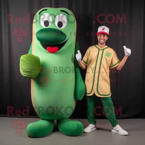 Personnage De Costume De Mascotte Redbrokoly Hot Dog Vert Habillé D'un T-Shirt Henley Et De Montres