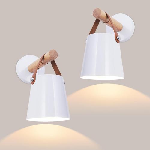 Blanc Lot De 2 Appliques Murales Intérieur, E27 Lampe Murale En Support Bois Ceinture, Luminaire Abat-Jour En Métal Applique Murale Moderne Décoration Pour Chambre Salon Couloir