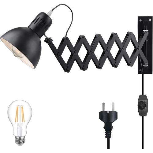 Noir Applique Murale Intérieur Dimmable Avec Prise Et Interrupteur, Rétro Lampe Murale Rétractable, Lampe De Lecture Réglable Moderne, Lampe De Chevet Orientable E27, Extensible Éclairage Mural Noir