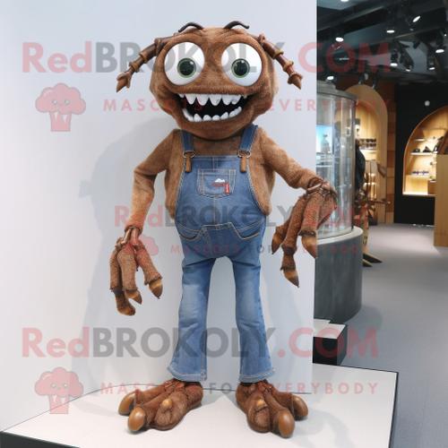 Costume De Mascotte Redbrokoly D'araignée Brune Habillée D'un Jean Et De Colliers