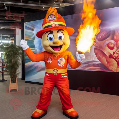 Personnage De Costume De Mascotte Redbrokoly De Mangeur De Feu Orange Habillé D'un T-Shirt Graphique Et De Casquettes