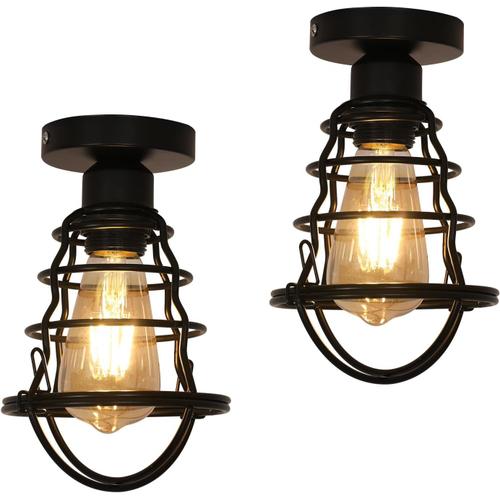 Noire 2pcs Plafonnier Industrielle Retro Vintage Lampe De Plafond En Métal Cage Noir, Suspension Luminaire Plafonnier E27 Pour Chambre, Cuisine, Salon, Couloir, Cafébar