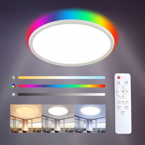 Blanc avec Rgb Plafonnier LED Dimmable 24W,Moderne Luminaire Plafonnier Télécommande sans fil 2.4G Réglable 3000K-6500K,13 RGB Rétroéclairage Plafond Rond 3200LM IP54 pour Salle de Bain Chambre