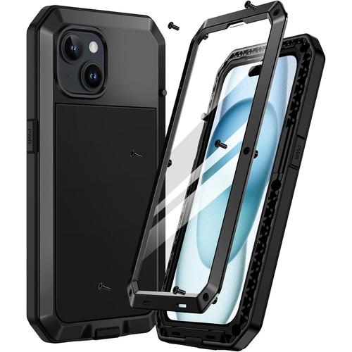 Coque Iphone 15 M¿¿Tal, Antichoc, Metallique 360 Full Body Heavy Duty Blind¿¿ Case Incassable Renforc¿¿ Solide Protection Coque Avec Verre Tremp¿¿ Pour Iphone 15 (6.1''), Noir