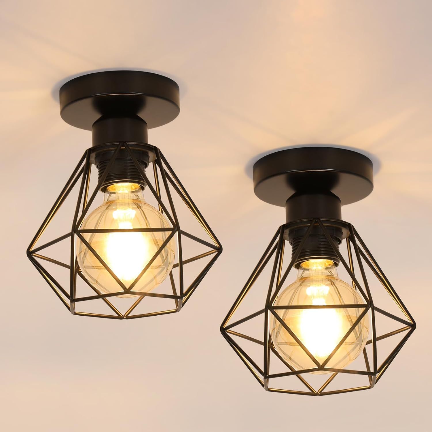 2pcs 2 Pack Plafonnier Industriel Vintage, Luminaire E27 Rétro Lustre Suspension Métal Cage 16cm, Lampe De Plafond Noir Pour Salon Cuisine Chambre Couloir Café Bar Max 60w