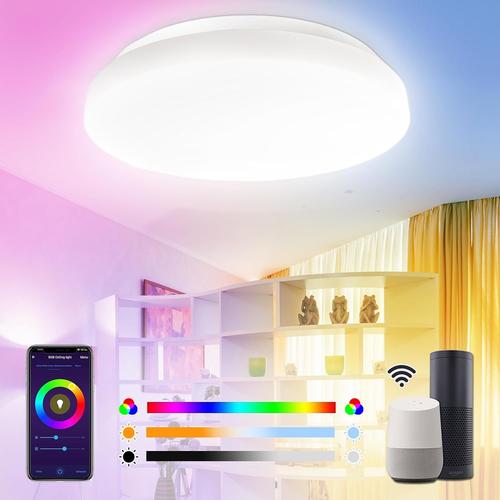 Plafonnier Led Alexa, Lampe De Plafond Moderne 20w 2000lm 2700k-6500k Rgb Dimmable, Contrôle App, Mode Musique Compatible Avec Google Home Pour Chambre(¿26cm)