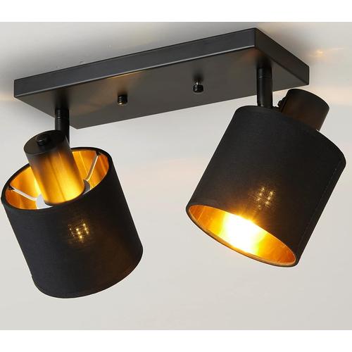 Noir + Or Plafonnier 2 Spots Industriel, Plafonnier Orientable Noir, Rampe De Spots Tissu E27 Vintage, Luminaire Plafond Rétro 40w Pour Interieur Salon Chambre