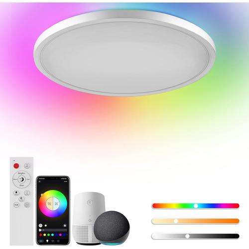 ® Plafonnier Led 24w, Luminaire Plafonnier Rgb Rond Compatible Avec Alexa, Google Home, 2700k-6500k, Éclairage De Plafond Dimmable, Contrôle App, Télécommande, Pour Salon, Chambre