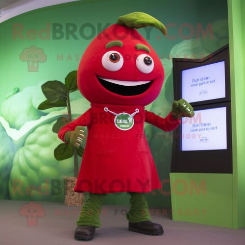 Personnage De Costume De Mascotte Redbrokoly De Haricot Rouge Habillé D'un T-Shirt Et De Montres Numériques