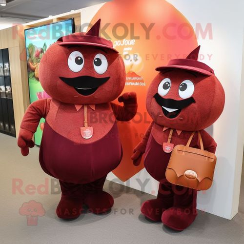 Personnage De Costume De Mascotte Redbrokoly D'abricot Marron Habillé D'un Chemisier Et De Pochettes