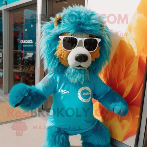 Personnage De Costume De Mascotte Redbrokoly Turquoise Tamer Lion Habillé Avec Une Barboteuse Et Des Lunettes De Soleil