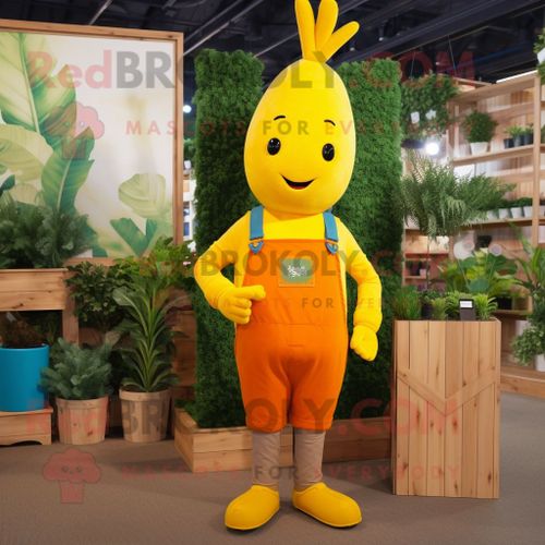 Personnage De Costume De Mascotte Redbrokoly De Carotte Jaune Habillé D'une Salopette Et De Montres Connectées
