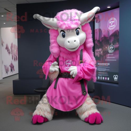 Personnage De Costume De Mascotte Redbrokoly De Chèvre Rose Habillé D'un Cover-Up Et De Ceintures