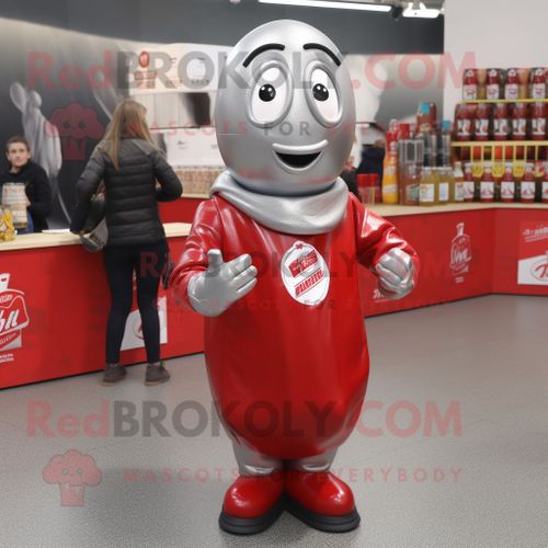 Personnage De Costume De Mascotte Redbrokoly Bouteille De Ketchup En Argent Habillé D'une Veste En Cuir Et De Casquettes