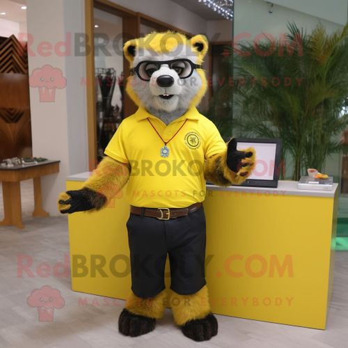 Personnage De Costume De Mascotte Redbrokoly D'ours À Lunettes Jaune Citron Habillé D'un Polo Et De Montres Bracelet