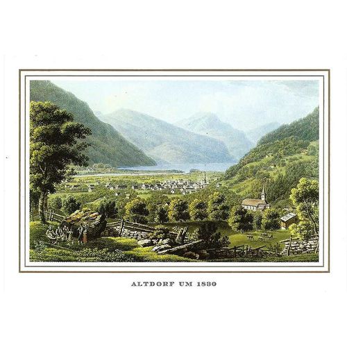 Suisse, Très Belle Carte Postale Neuve, D'après Une Gravure Ancienne, Le Village D'altdorf - Canton D'uri, Près Du Lac Des 4 Cantons, Patrie De Guillaume Tell Vers 1830.