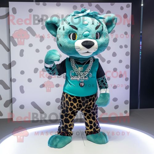 Personnage De Costume De Mascotte Redbrokoly De Léopard Bleu Sarcelle Habillé D'un Débardeur Et De Colliers