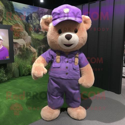 Personnage De Costume De Mascotte Redbrokoly D'ours En Peluche Violet Habillé D'un Pantalon Cargo Et De Pochettes