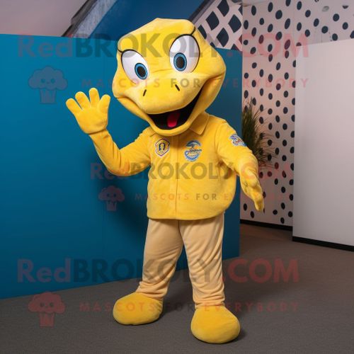 Mascotte Redbrokoly De Personnage De Python Jaune Habillé D'une Chemise Oxford Et De Mitaines