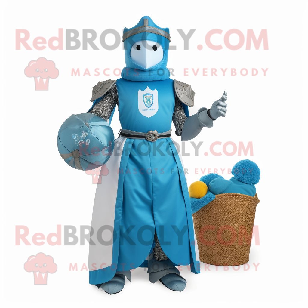 Personnage De Costume De Mascotte Redbrokoly De Chevalier Médiéval Cyan Habillé D'une Robe De Bal Et De Porte-Monnaie