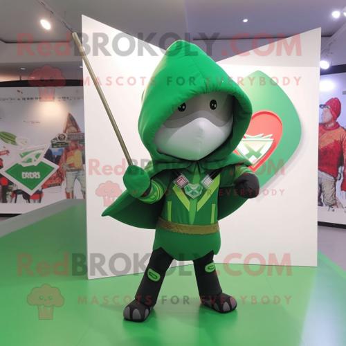 Flèche Verte Du Personnage De Costume De Mascotte Redbrokoly D'amour Habillé Avec Des Épingles À Capuche Et Chapeau